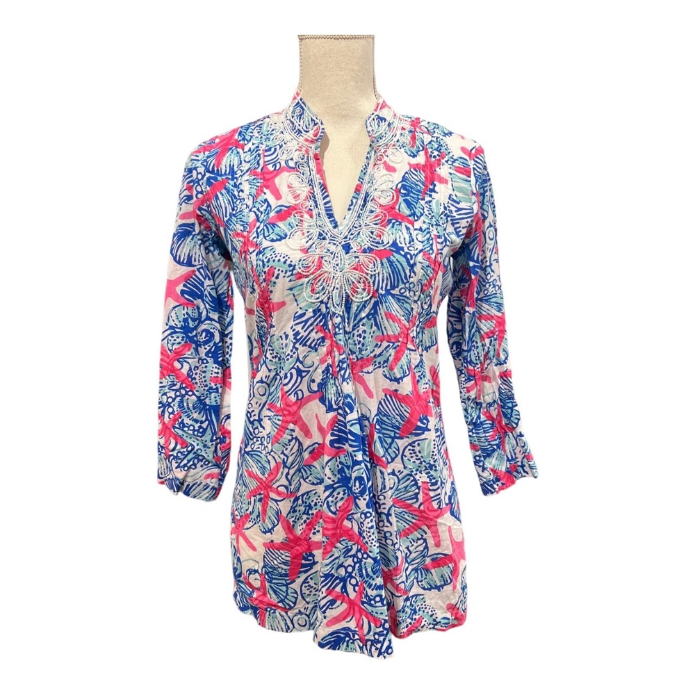 Lilly Pulitzer Top Women XS Sarasota She She Shells Beaded Resort Beach Vacation